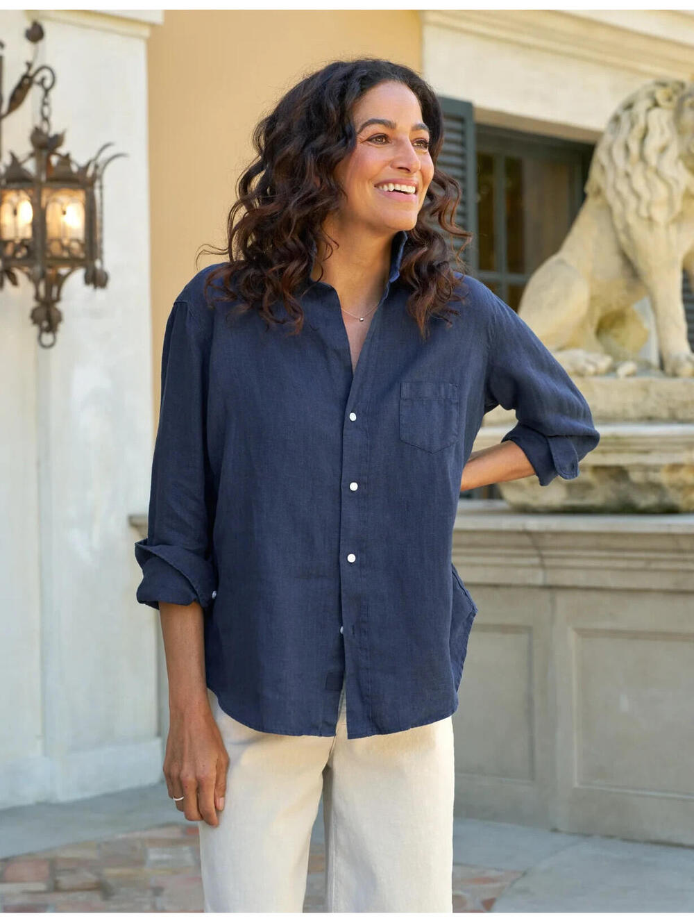 NEW, Frank & Eileen Navy Washed Linen Relaxed Eileen Button Up Shirt Sz S #T0101